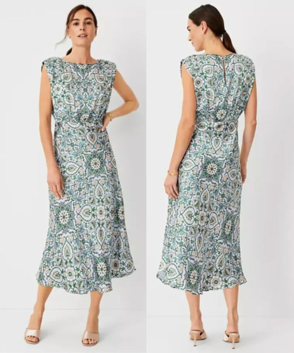 Ann Taylor Studio Collection NEW 100% Silk Pale Blue Paisley Midi/Maxi Dress 18